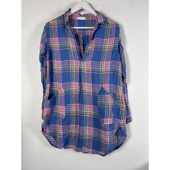 LP Shades Womens Plaid Tunic Top S 100% Linen Blue Pink Long Sleeve Made In USA